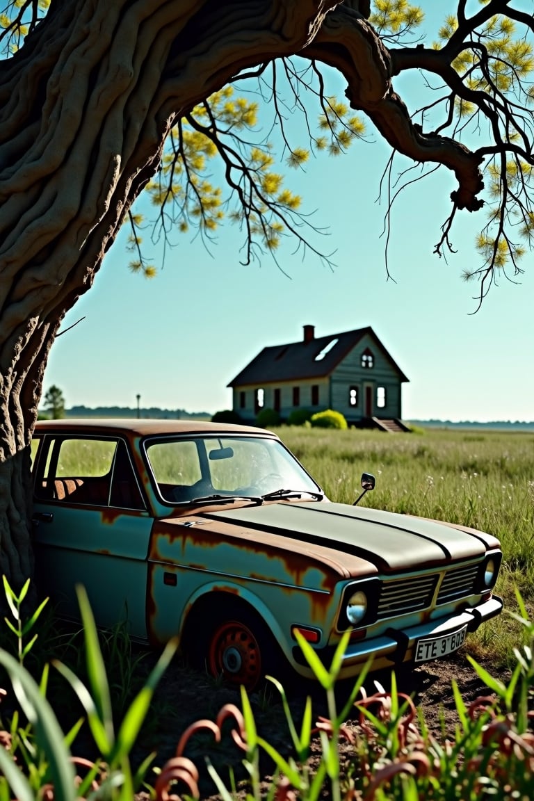 A cinematic still from a Christopher Nolan film, capturing a close-up shot of an abandoned, rusted car resting beneath a large, gnarled tree. The car's worn texture is accentuated by layers of rust and chipped paint, surrounded by wild, overgrown grass that sways in the breeze. In the distance, a dilapidated wooden house, weathered by time, leans slightly, creating an eerie yet nostalgic atmosphere. The bright blue sky contrasts sharply with the scene, while soft, green, lush cinematic lighting casts long shadows across the landscape. The shot is captured in stunning 70mm IMAX with film grain for added depth, using an Arri Alexa 65 IMAX camera paired with a NIKKOR Z 58mm f/0.95 S Noct tilt-shift lens, highlighting the fine details and drawing focus to the textures. The mood is enhanced by the subtle, timeless quality of Superia film, pulling the viewer into the quiet stillness of the moment.