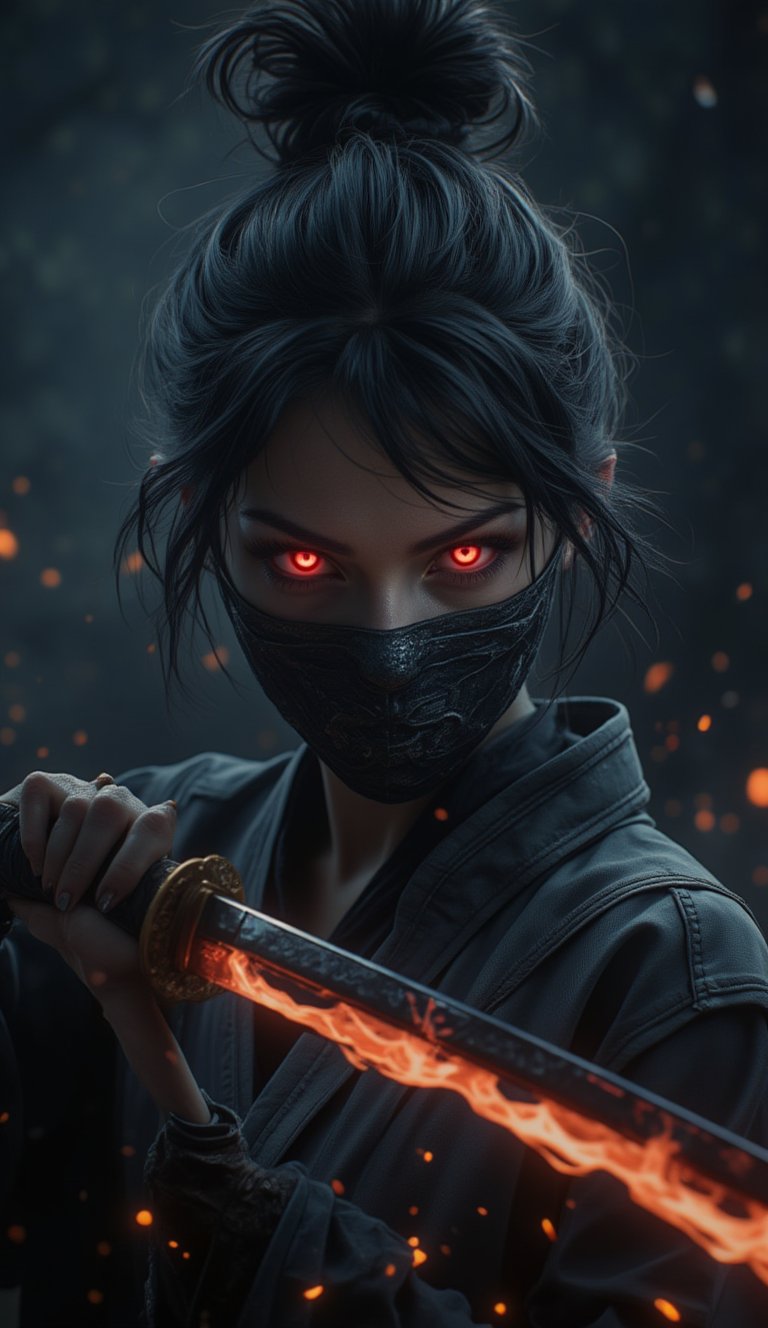 Fierce modern female warrior, intense red glowing eyes, determined expression, black intricately stitched mask partially covering her face, dark hair in a messy bun with loose strands, holding a katana with fiery sparks, tactical dark attire with hints of red in the seams, blurred smoky background with embers and sparks, intense power and mystery 