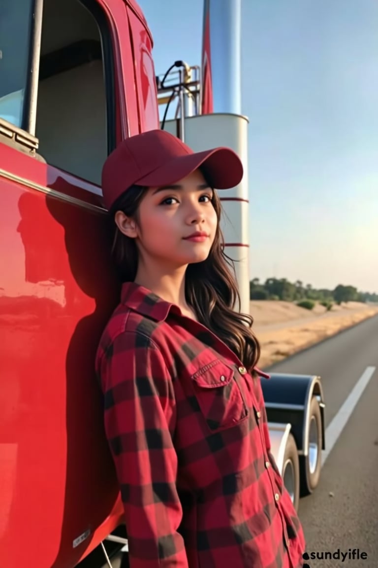 A hyper-realistic, close-up 3/4 side view of a Malay woman with delicate features, wearing a red checkered cowboy shirt and a matching red cap. She is casually leaning against the front of a rugged red American truck, parked on the side of a wide, open highway. The setting captures the warm afternoon light glinting off the truck's glossy surface, with subtle details in the woman’s expression reflecting confidence and independence. In the background, the road stretches into the horizon, framed by sparse trees and a clear blue sky, creating a feeling of freedom and adventure