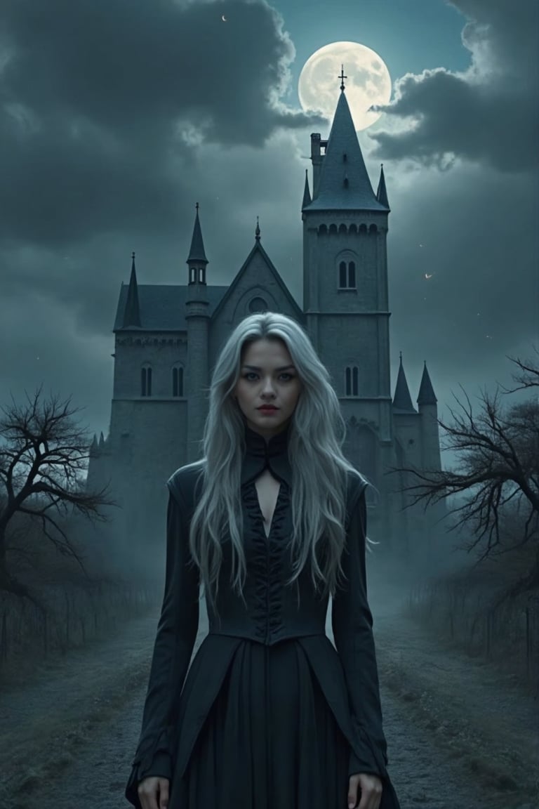 A dark fantasy scene with an eerie, cinematic atmosphere. A gothic woman with flowing, long silver hair stands in front of a towering, ominous haunted castle. She is wearing a dark, intricately detailed wedding gown with a high, victorian-style collar, the fabric subtly shimmering under the faint, moonlit sky. Her intense gaze is framed by the desolate, shadowy landscape, with gnarled trees and a fog-covered ground stretching into the distance. The sky above is thick with swirling dark clouds, creating an otherworldly, foreboding atmosphere that completes the chilling, gothic vibe of the scene,Silver hair ,Young eoman