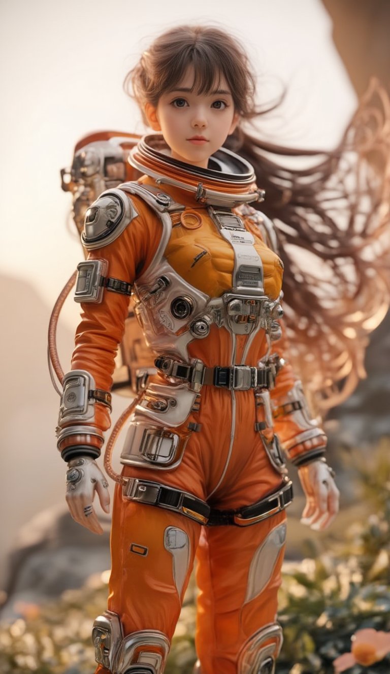 A highly detailed anime style 3D render of a young female astronaut in a futuristic orange and metallic space suit. The suit is equipped with various mechanical components, tubes, and devices, blending technology with natural elements. Her long, flowing hair moves freely, framing her determined yet serene expression. The background features a soft, natural environment, subtly blending with the high-tech suit she wears. The lighting is soft and diffused, resembling golden hour, with warm highlights accentuating the suit's metallic surfaces and the natural tones of her skin and hair. The art style evokes a balance between realism and science fiction fantasy, with intricate details throughout the composition.SpaceSuitXMiya