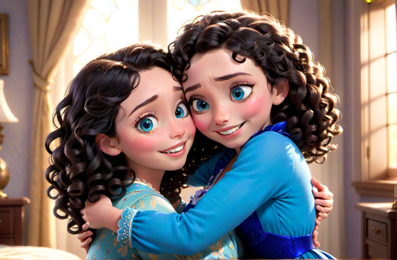 A beautiful 11 year old girl, English traditional dress, black curly blond, bright shiny skin, blue eyes, With tears of joy, Lilly hugged Mrs. Thompson tightly, the warmth of their embrace radiating a sense of belonging and gratitude ,disney pixar style