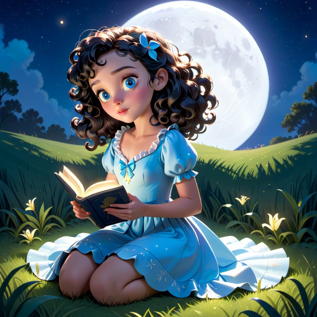 A beautiful 11 year old girl, English traditional dress, black curly blond, bright shiny skin, blue eyes, Lilly's silhouette was illuminated by the soft glow of the moon as she sat in the grass, lost in a book that transported her to worlds beyond her imaginations, Disney Pixar style, 