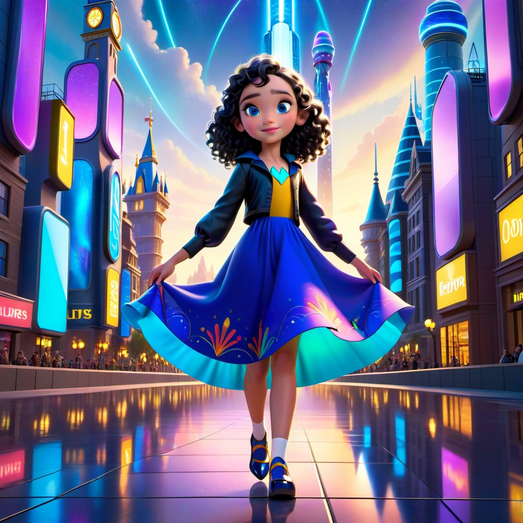 A beautiful 11 year old girl, English traditional dress, black curly blond, bright shiny skin, blue eyes, As Lilly walked through the futuristic city of Emerland, towering buildings reflected the brilliant lights of a thousand colors, capturing her awe and excitement at the new world around her., Disney Pixar style, 