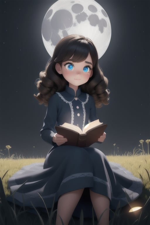 Black and white image, A beautiful 11 year old girl, English traditional dress, black curly blond, bright shiny skin, blue eyes, Lilly's silhouette was illuminated by the soft glow of the moon as she sat in the grass, lost in a book that transported her to worlds beyond her imaginations, Disney Pixar style, 