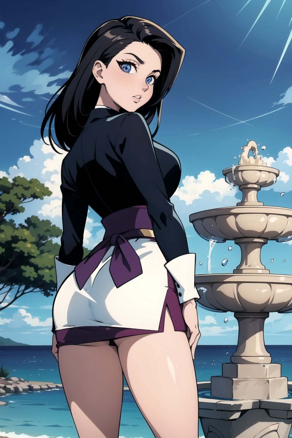 Fountain,90s,80s,kate takayama,,tight_thighs,miniskirt,blouse,looking_at_viewer,busty,alternate_costume_(official),taken_from_behind, sea_background
