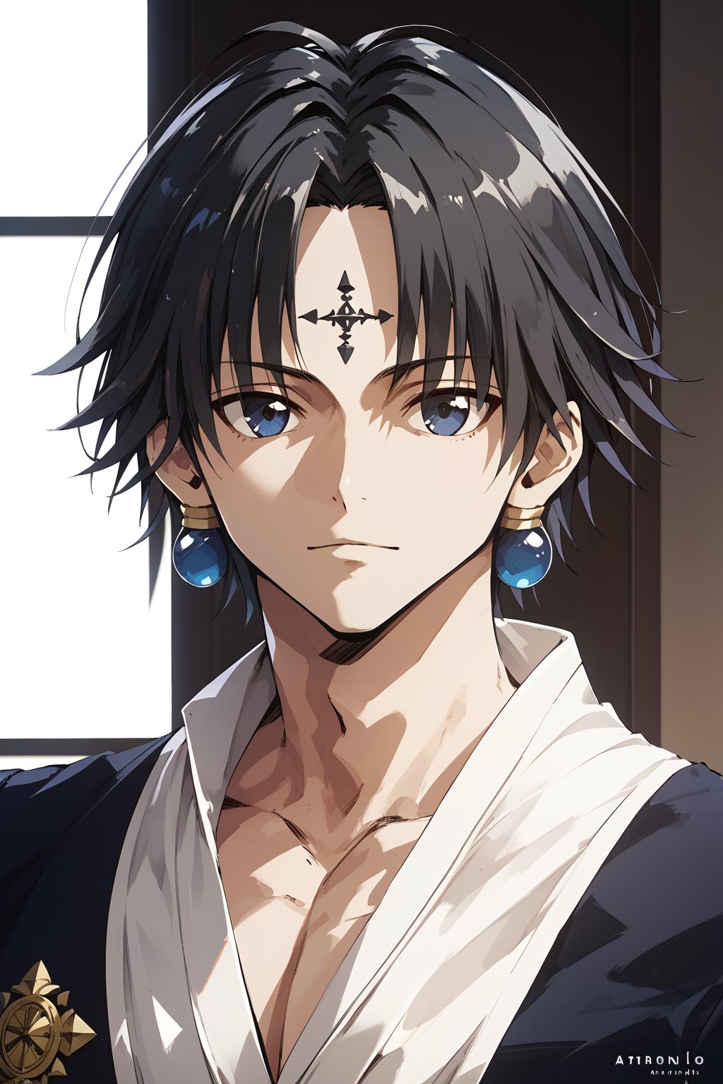 Score_9,score_8_up,score_7_up,Highly detailed, masterpiece, high quality, beautiful, high resolution, good details,1boy,solo,male focus,hxh,chrollo lucifer,black hair,blue eyes, blue earrings, bfg