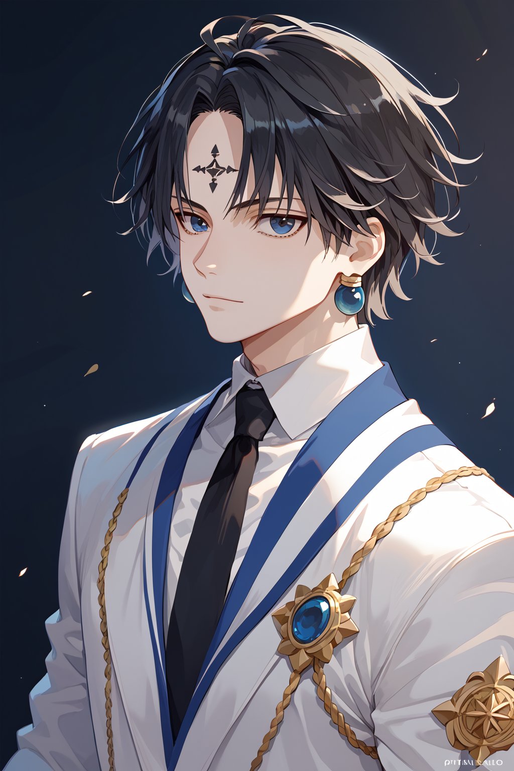 Score_9,score_8_up,score_7_up,Highly detailed, masterpiece, high quality, beautiful, high resolution, good details,1boy,solo,male focus,hxh,chrollo lucifer,black hair,blue eyes, blue earrings, exl