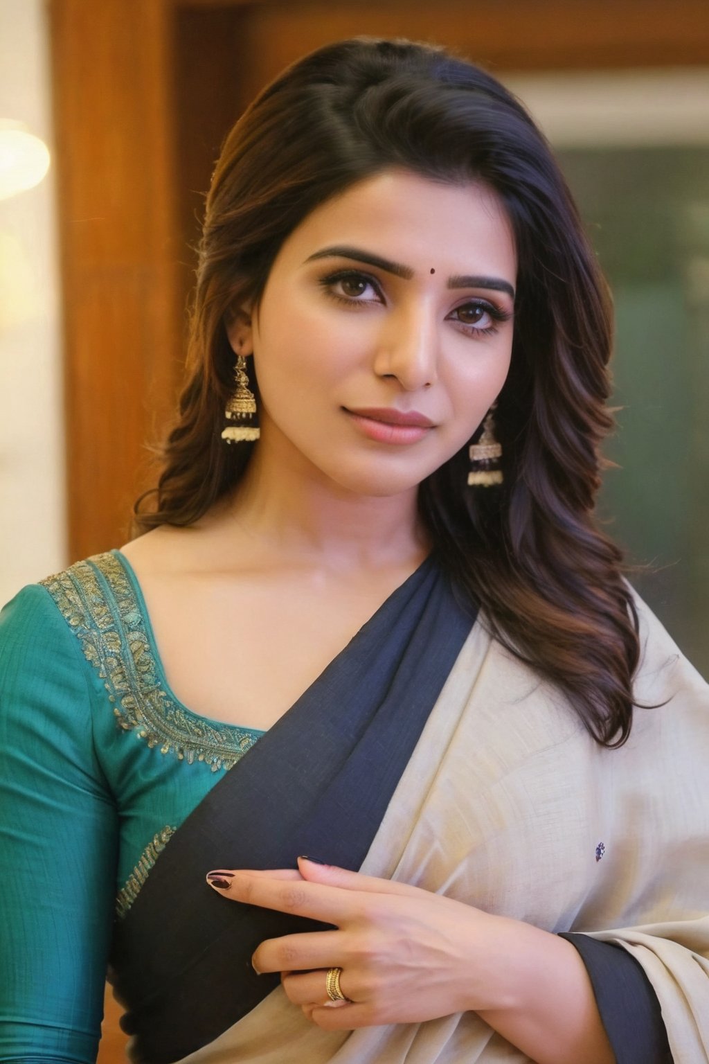 Samantha Ruth Prabhu in Airforce  Beautiful Saree Traditional Queen Aesthetic Realistic Fantasy AI Samantha Ruth Prabhu Instagram model, long black_hair, colorful hair, warm, dacing,  indian,Young beauty spirit,shoot.  full photo, full length,  
, top to bottom,
,Future girl,Samantha Ruth Prabhu,18+,SamanthaRuthPrabhu