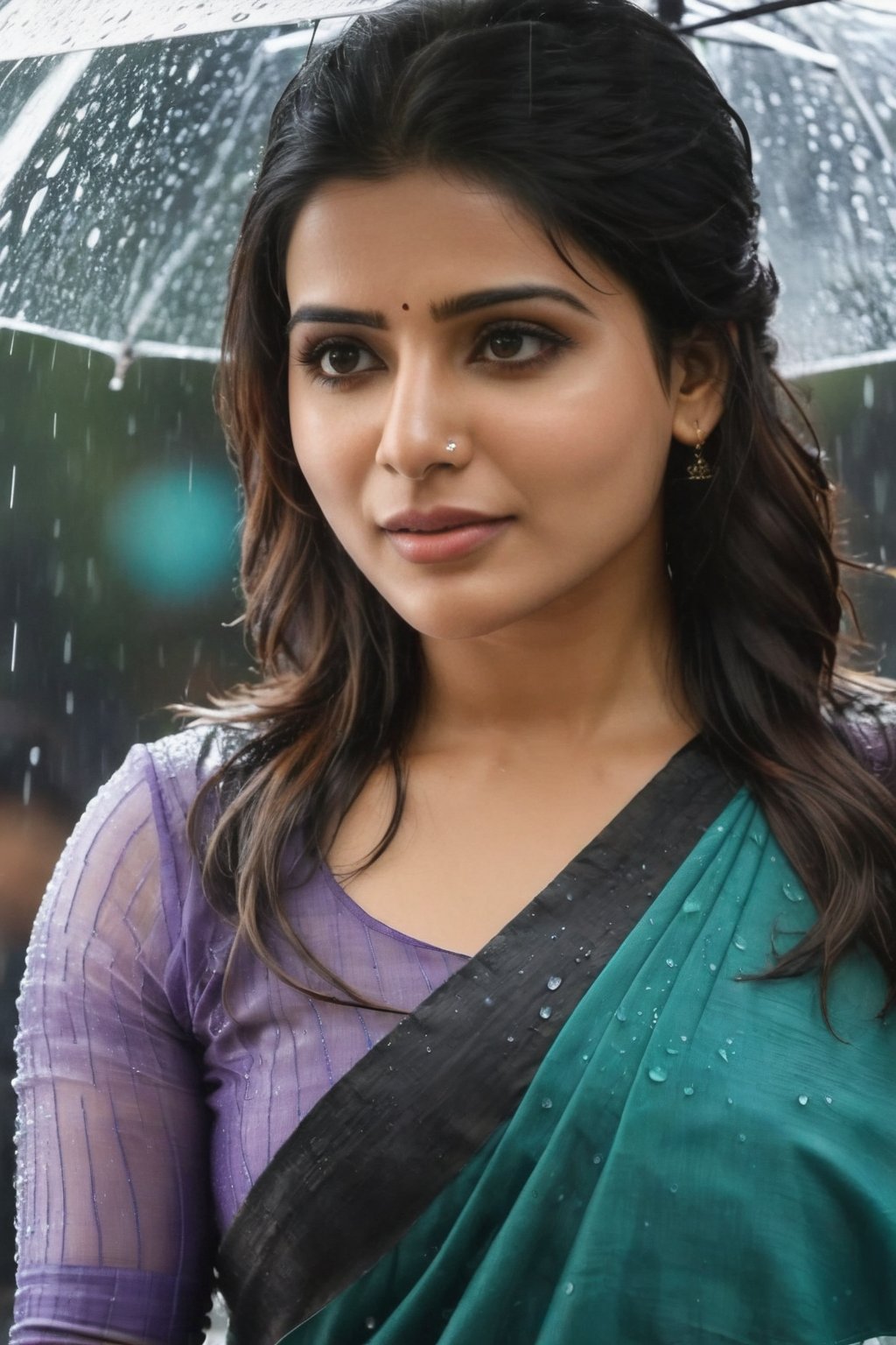 Wet saree in rain in market Cute Beautiful Saree Traditional Queen Aesthetic Realistic Fantasy AI Samantha Ruth Prabhu Instagram model, long black_hair, colorful hair, warm, dacing,  indian,Young beauty spirit,shoot.  full photo, full length,  
, top to bottom,
,Future girl,Samantha Ruth Prabhu,18+,SamanthaRuthPrabhu