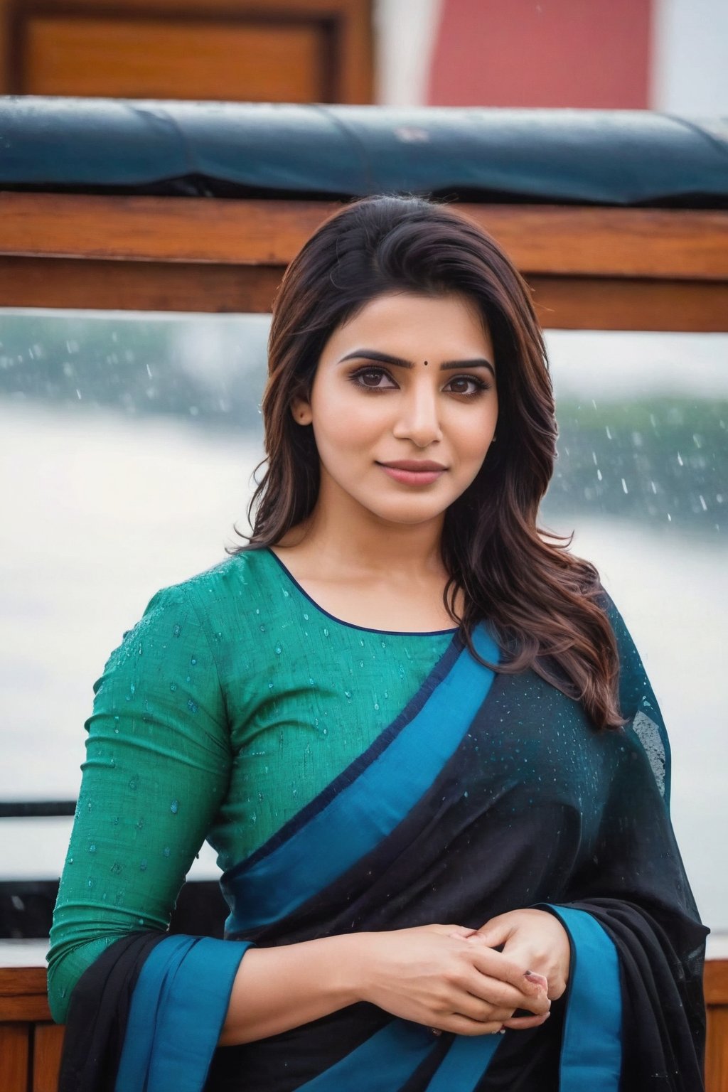 Samantha Ruth Prabhu in rain in front of with Bugatti yatch ship 🚢 ⛵ ⚓ Cute Beautiful Saree Traditional Queen Aesthetic Realistic Fantasy AI Samantha Ruth Prabhu Instagram model, long black_hair, colorful hair, warm, dacing,  indian,Young beauty spirit,shoot.  full photo, full length,  
, top to bottom,
,Future girl,Samantha Ruth Prabhu,18+,SamanthaRuthPrabhu