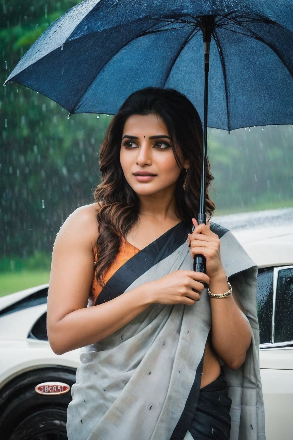 Samantha Ruth Prabhu in rain in front of with Bugatti car 🚗 Cute Beautiful Saree Traditional Queen Aesthetic Realistic Fantasy AI Samantha Ruth Prabhu Instagram model, long black_hair, colorful hair, warm, dacing,  indian,Young beauty spirit,shoot.  full photo, full length,  
, top to bottom,
,Future girl,Samantha Ruth Prabhu,18+,SamanthaRuthPrabhu