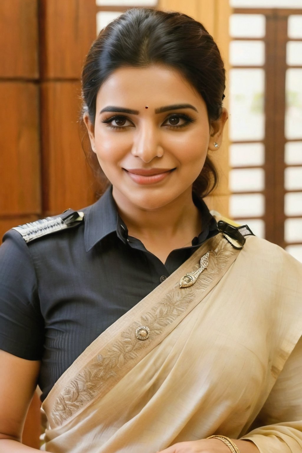 Indian Actress Celebrity 
Asethitic Cute Smile Beautiful Saree Traditional Queen Realistic Fantasy AI of Samantha Ruth Prabhu as a police 🚓 🚨 officer 
