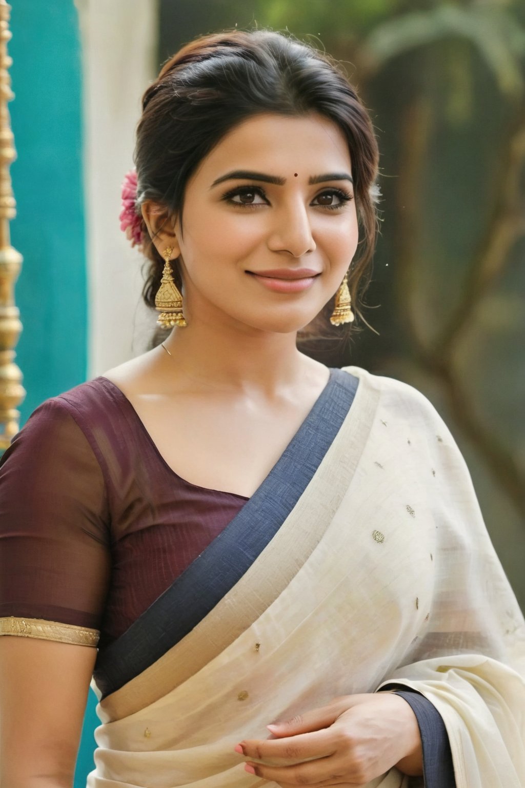 Indian Actress Celebrity 
Asethitic Cute Smile Beautiful Saree Traditional Queen Realistic Fantasy AI of Samantha Ruth Prabhu 
