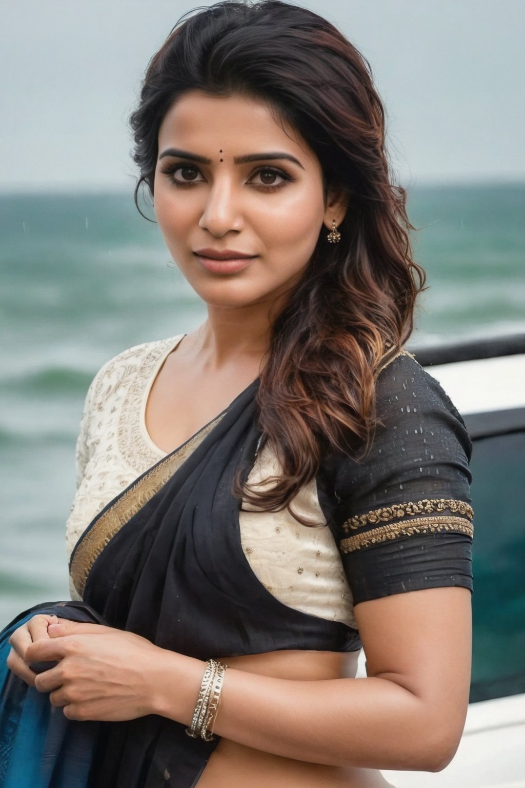 Samantha Ruth Prabhu in rain in front of with Bugatti yatch ship 🚢 ⛵ ⚓ Cute Beautiful Saree Traditional Queen Aesthetic Realistic Fantasy AI Samantha Ruth Prabhu Instagram model, long black_hair, colorful hair, warm, dacing,  indian,Young beauty spirit,shoot.  full photo, full length,  
, top to bottom,
,Future girl,Samantha Ruth Prabhu,18+,SamanthaRuthPrabhu