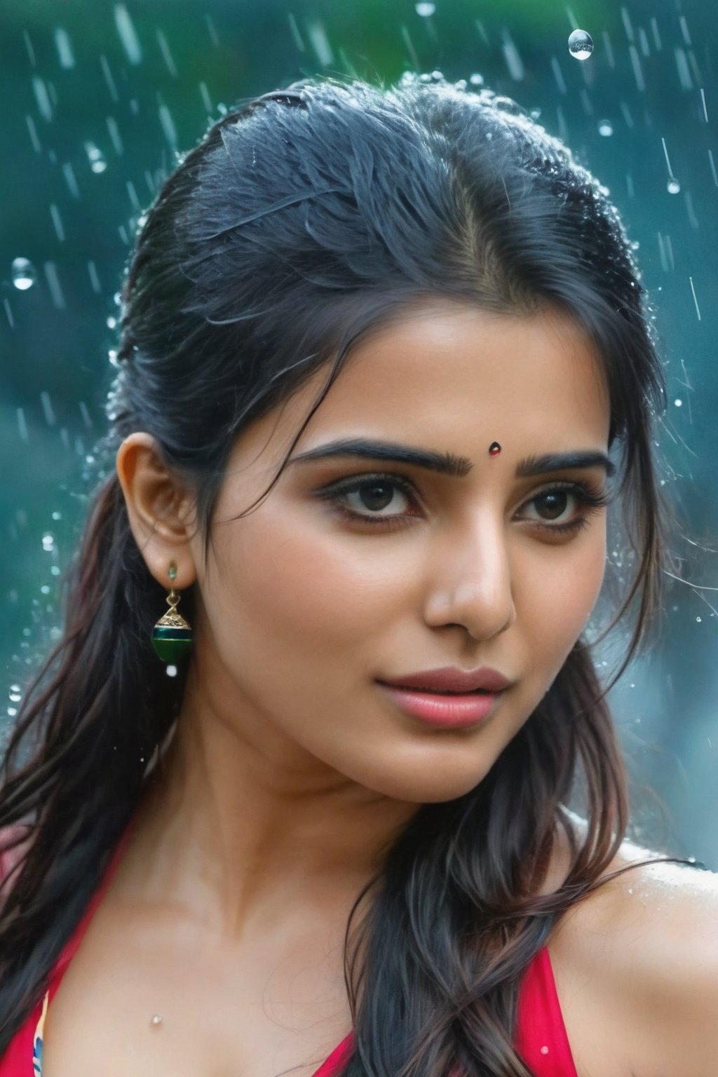 In rain water droplets Beautiful, Realistic, Fantasy, Ai, cute,  Instagram model, long black_hair, colorful hair, warm, dacing,  indian,Young beauty spirit,.Beautiful, Realistic, Fantasy, Ai, cute,shoot. Beautiful, Realistic, Fantasy, Ai, cute, photo, full length, Beautiful, Realistic, Fantasy, Ai, cute,
, top to bottom,
,Future girl,Samantha Ruth Prabhu,18+,SamanthaRuthPrabhu