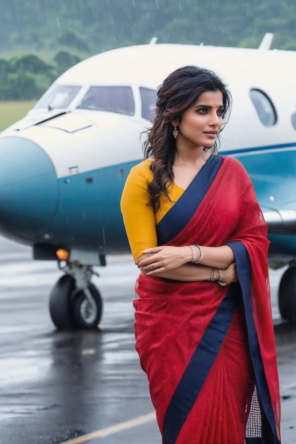 Samantha Ruth Prabhu in rain in front of with Bugatti  aeroplane ✈️ 🛫  Cute Beautiful Saree Traditional Queen Aesthetic Realistic Fantasy AI Samantha Ruth Prabhu Instagram model, long black_hair, colorful hair, warm, dacing,  indian,Young beauty spirit,shoot.  full photo, full length,  
, top to bottom,
,Future girl,Samantha Ruth Prabhu,18+,SamanthaRuthPrabhu