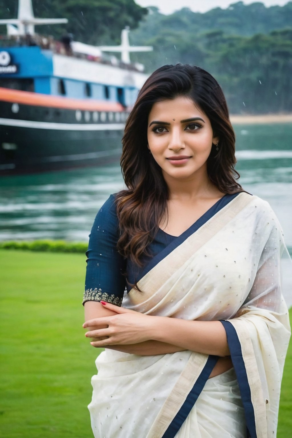 Samantha Ruth Prabhu in rain in front of with Bugatti yatch ship 🚢 ⛵ ⚓ Cute Beautiful Saree Traditional Queen Aesthetic Realistic Fantasy AI Samantha Ruth Prabhu Instagram model, long black_hair, colorful hair, warm, dacing,  indian,Young beauty spirit,shoot.  full photo, full length,  
, top to bottom,
,Future girl,Samantha Ruth Prabhu,18+,SamanthaRuthPrabhu