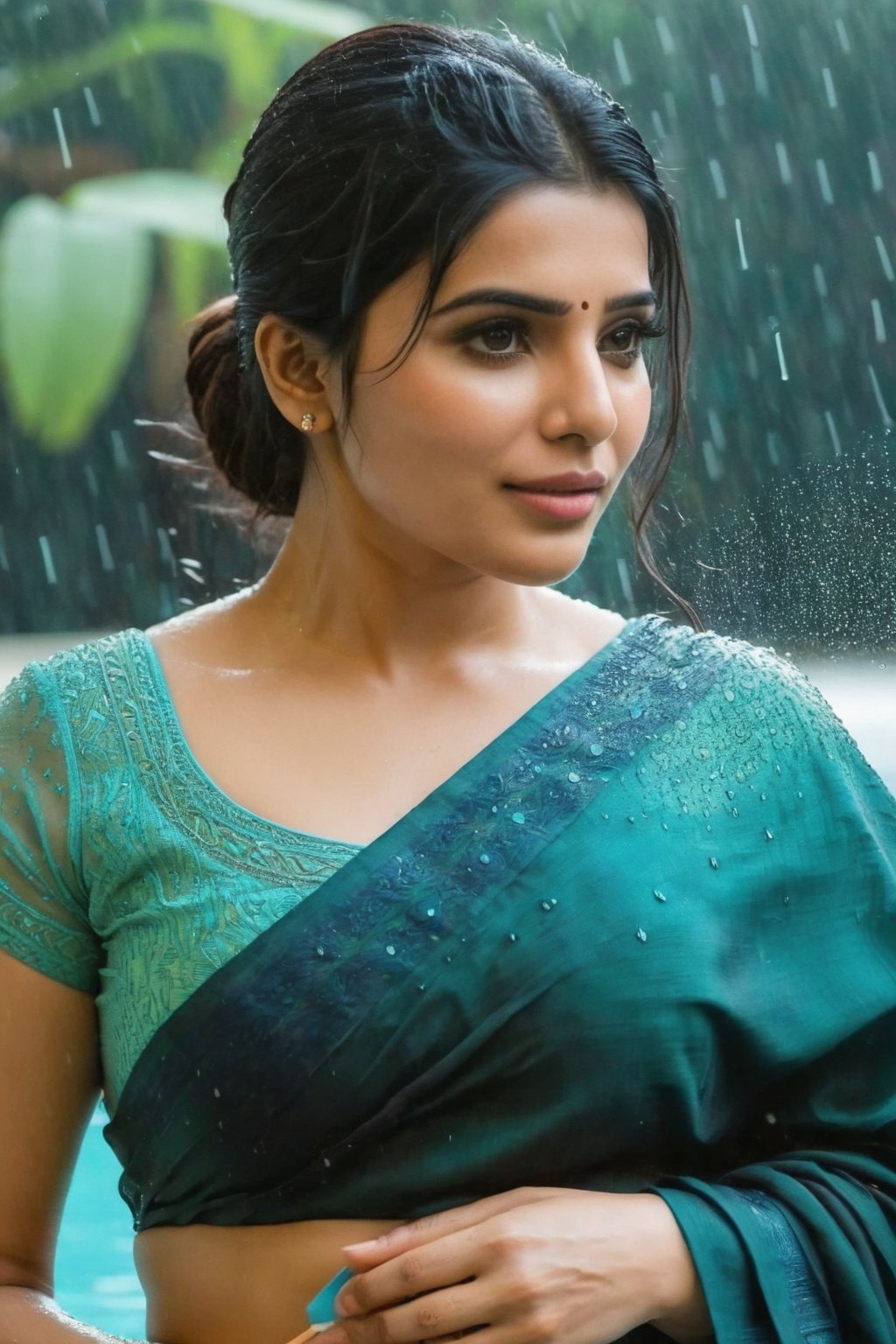 Samantha Ruth Prabhu in rain in swimming pool  Cute Beautiful Saree Traditional Queen Aesthetic Realistic Fantasy AI Samantha Ruth Prabhu Instagram model, long black_hair, colorful hair, warm, dacing,  indian,Young beauty spirit,shoot.  full photo, full length,  
, top to bottom,
,Future girl,Samantha Ruth Prabhu,18+,SamanthaRuthPrabhu