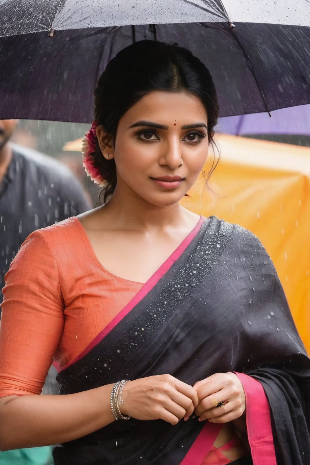 Samantha Ruth Prabhu in rain in the market Beautiful Saree Traditional Queen Aesthetic Realistic Fantasy AI Samantha Ruth Prabhu Instagram model, long black_hair, colorful hair, warm, dacing,  indian,Young beauty spirit,shoot.  full photo, full length,  
, top to bottom,
,Future girl,Samantha Ruth Prabhu,18+,SamanthaRuthPrabhu