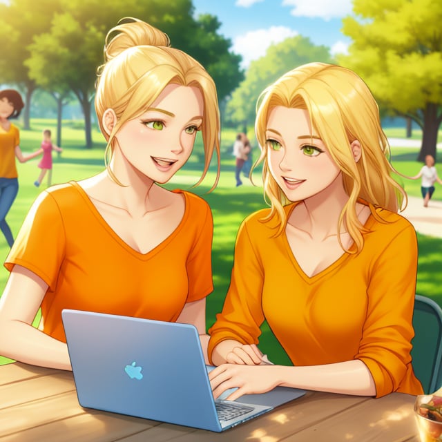 2 women,  A happy, sexy woman freelance writer with long blonde hair, hazel green eyes, messy bun, yellow tank top, sits at her laptop on a sunny day, her expression one of focused creativity and joy. the women are talking in a park. children are playing, women are happy, other woman is wearing an orange shirt
