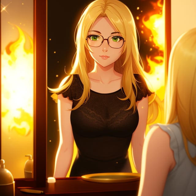 A radiant, happy, and sexy woman freelance writer with long blonde hair, hazel green eyes, and round-framed glasses, stands looking at large mirror.  There is fire in the background.  confident, 