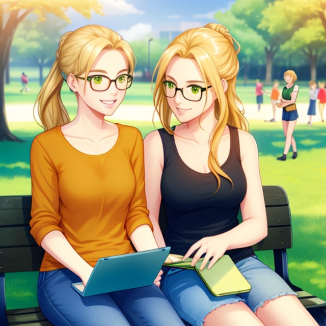 Two women are sitting on a park bench, enjoying a sunny day. They are both freelance writers, sharing tips and ideas over their laptops.
Woman 1: She has long blonde hair, green eyes, and is wearing an orange shirt. She’s smiling broadly, engaged in the conversation.
Woman 2: She has long blonde hair styled in a messy bun, hazel eyes, and wears round-framed glasses. She is wearing a black tank top. She looks equally cheerful, leaning in to share her thoughts.
In the background, kids are playing in the park, adding a lively and vibrant atmosphere to the scene. The sun is shining brightly, and the overall mood is one of happiness and collaboration.