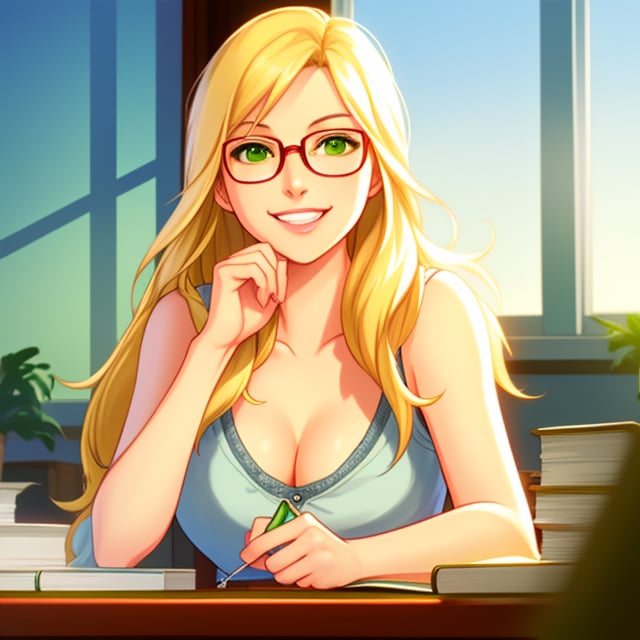 A radiant, happy, and sexy woman freelance writer with long blonde hair, hazel green eyes, and round-framed glasses, sits at a desk using tools like computer books and other tools. 