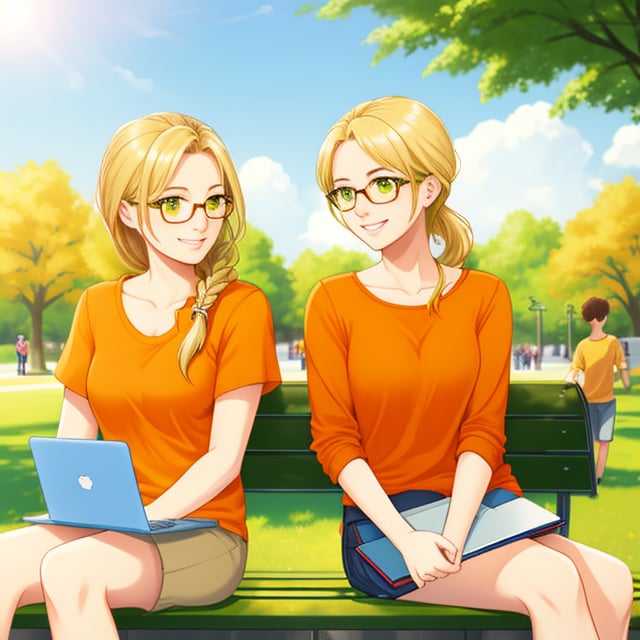 Two women are sitting on a park bench, enjoying a sunny day. They are both freelance writers, sharing tips and ideas over their laptops.

Woman 1: She has long blonde hair, green eyes, and is wearing an orange shirt. She’s smiling broadly, engaged in the conversation.
Woman 2: She has long blonde hair styled in a messy bun, hazel eyes, and wears round-framed glasses. She looks equally cheerful, leaning in to share her thoughts.
In the background, kids are playing in the park, adding a lively and vibrant atmosphere to the scene. The sun is shining brightly, and the overall mood is one of happiness and collaboration.