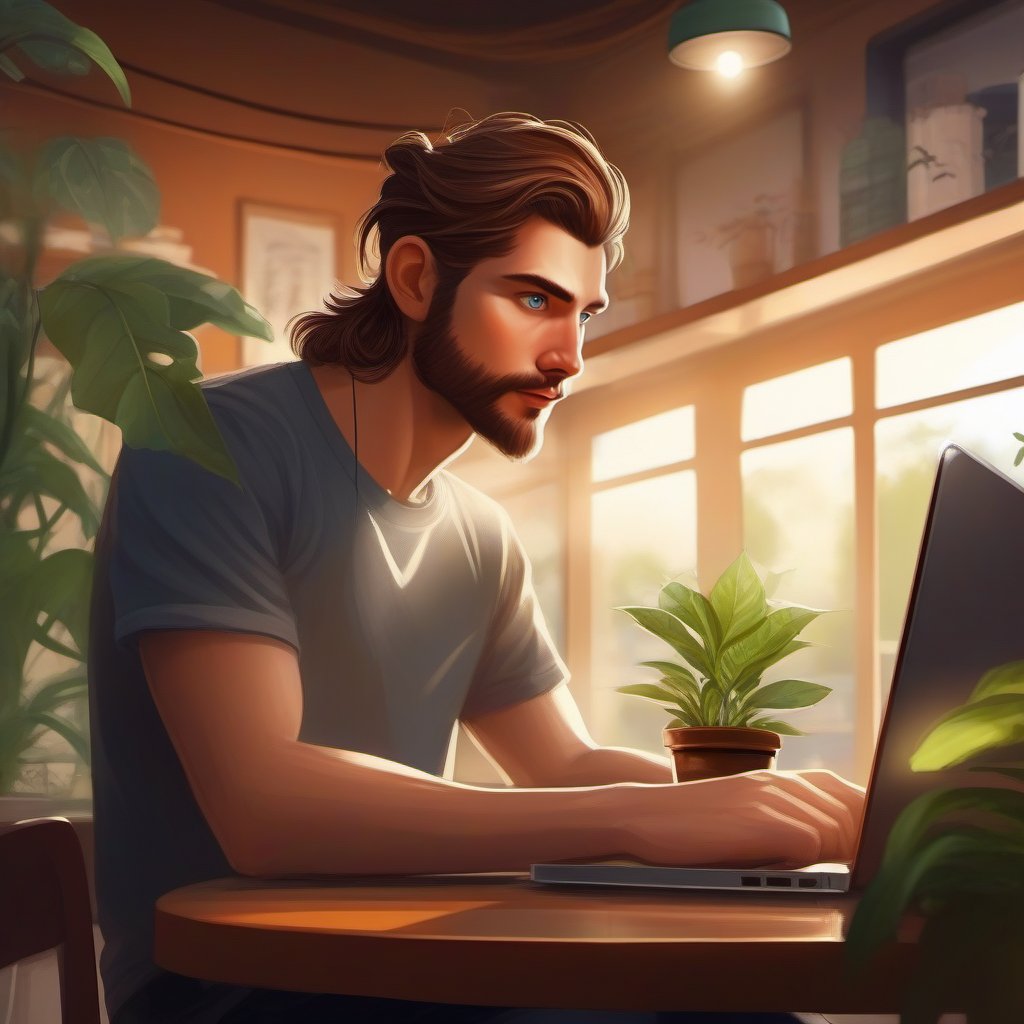 1boy, male focus,graphic tee,sitting at a laptop, cafe, plant, indoors, lens flare, solo, looking at viewer, brown hair, long hair, ponytail, brown eyes, best quality, amazing quality, best aesthetic, absurdres, year 2023