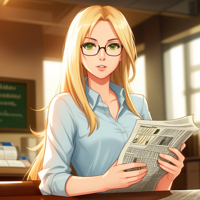 A radiant, focused, and sexy woman freelance writer with long blonde hair, hazel green eyes, round frame eye glasses, looking at newspaper, confident, busy, in a hurry, coffee, newspaper, reading, wide shot, 