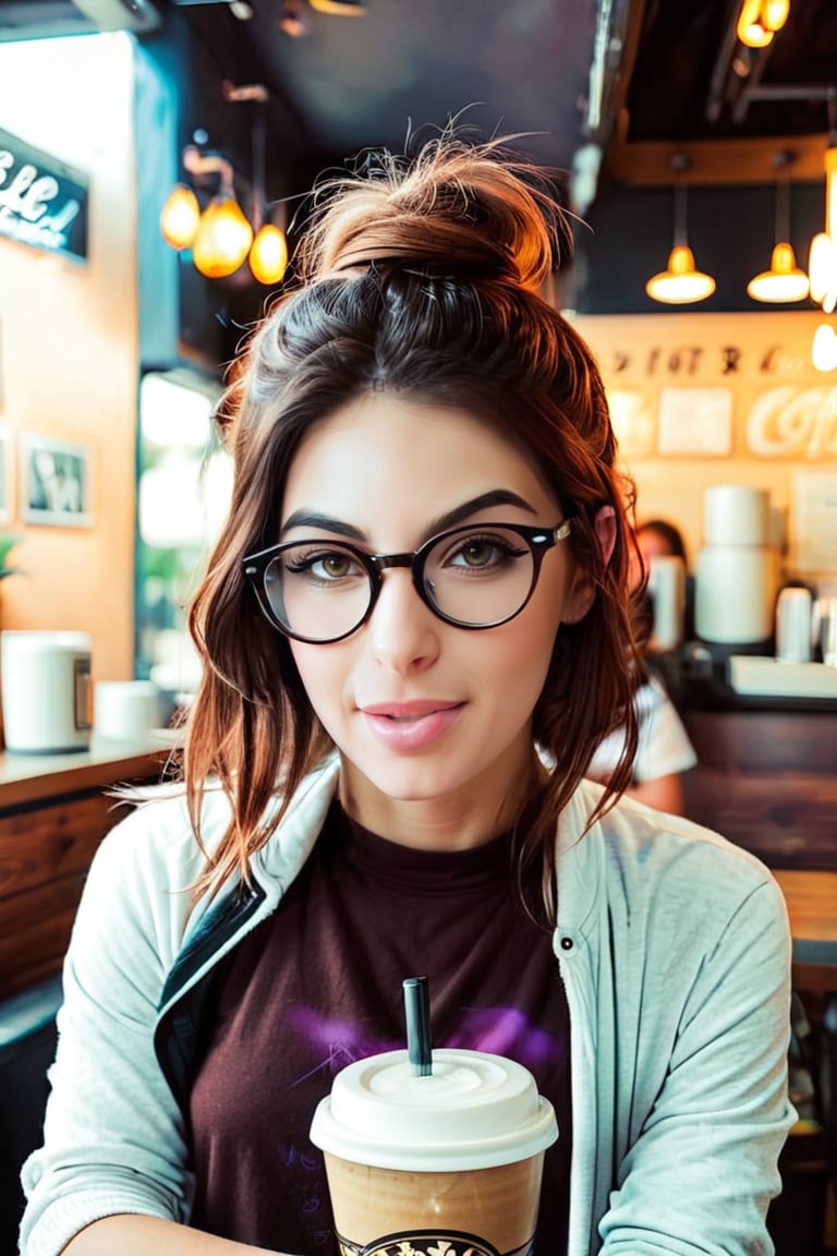 ((masterpiece, best quality)), absurdres, (Photorealistic 1.2), sharp focus, highly detailed, top quality, Ultra-High Resolution, HDR, 8K, epiC35mm, film grain, moody photography, (color saturation:-0.4), lifestyle photography, bryo-xl, bryo, cya

a photo of a hipster girl in the style of franck-bohbot,  21 years old, glasses, portrait, hair bun, having coffee in a hipster coffee shop,hipster girl,, ,alexapearl
