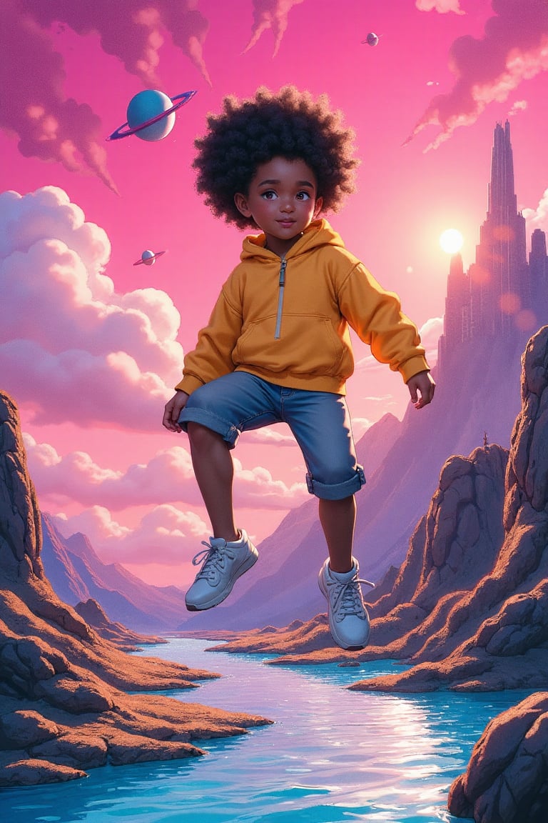 shows a young person floating in mid-air, with an afro hairstyle and a yellow hoodie. They seem to be calmly levitating in a vibrant and surreal landscape. The background features a striking pink sky filled with cosmic elements like planets, clouds, and what appears to be spaceships or meteors flying around. The land below has a blue river or lake, with rocky formations on both sides, giving it a distant alien or fantasy world vibe. The overall aesthetic is highly colorful and dynamic, evoking an otherworldly, dreamlike feeling with strong anime influences,niji,kim_possible,1girl,fetus