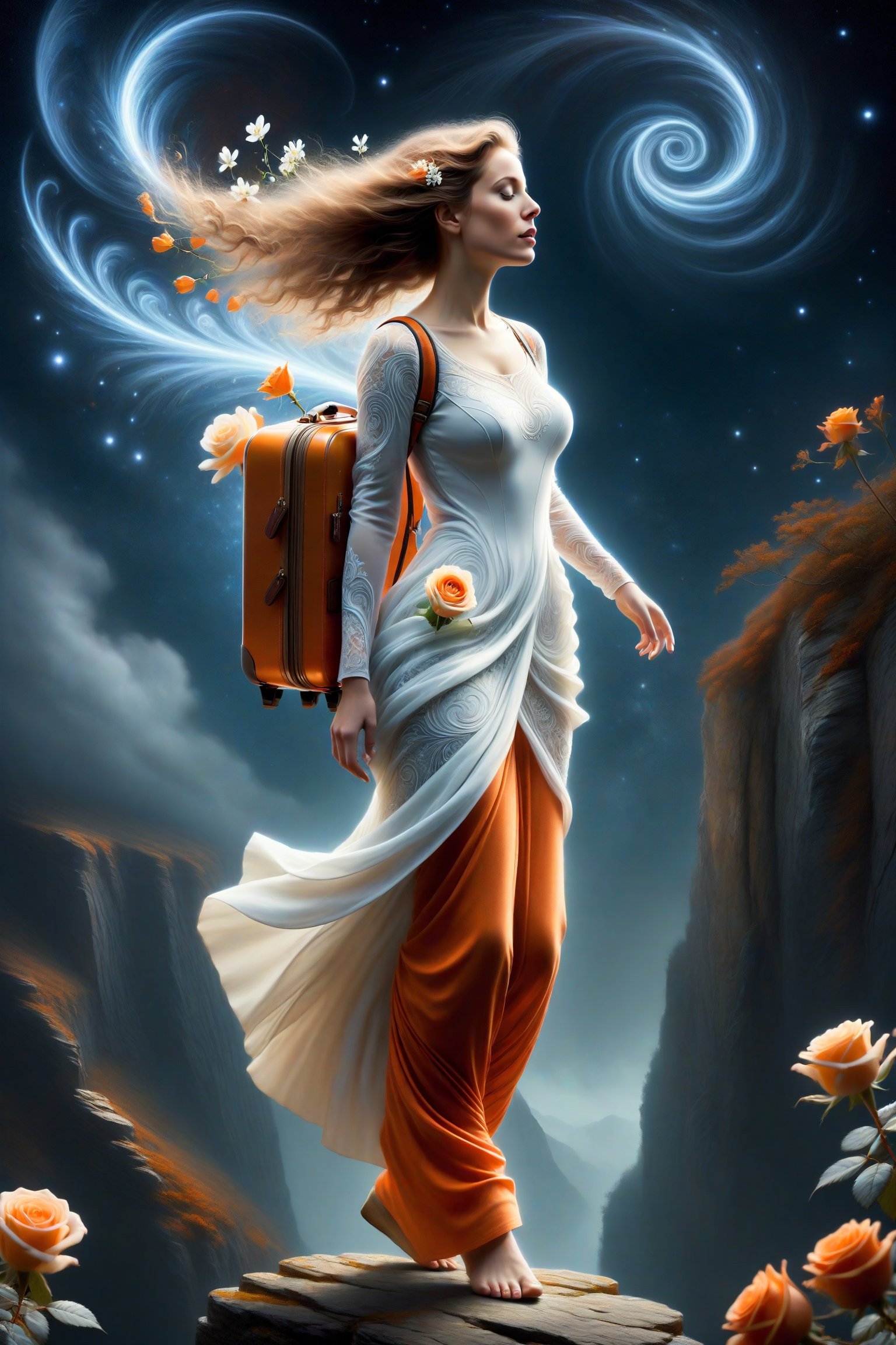 A young, carefree figure walks towards the edge of a cliff, looking up at the sky. He is carrying a light backpack and is about to take a confident step into the void. In her right hand she holds a white flower while in her left an orange suitcase, fractal art (tarot card design), botanical illustration, roses, classic and elegant flourish, Lofi artistic style, vintage, best quality, masterpiece, extremely detailed and intricate details,DonMD34thKn1gh7XL,DonM3l3m3nt4lXL