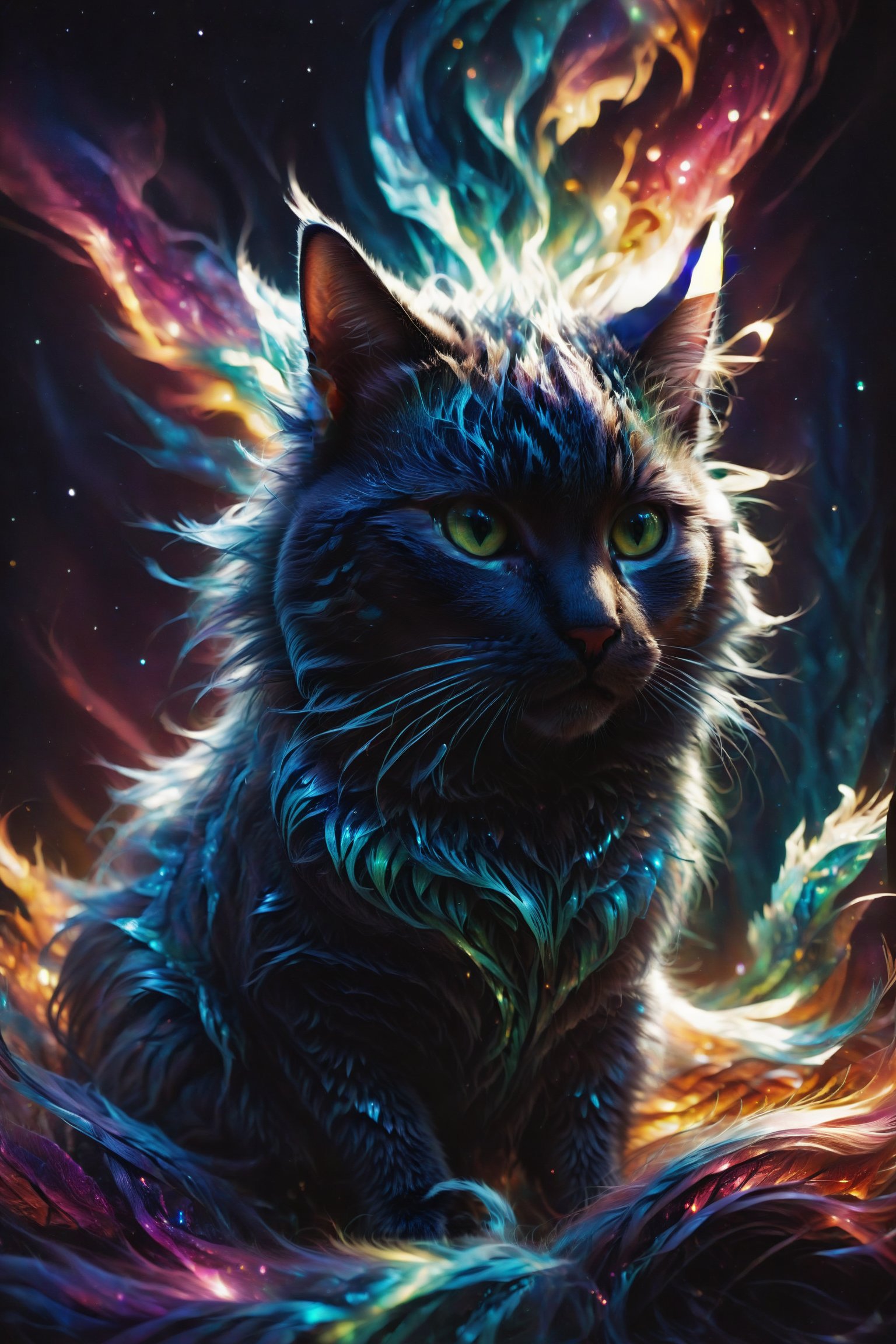 A cat whose fur is woven with threads of light forming patterns of northern lights, representing curiosity and mystery.