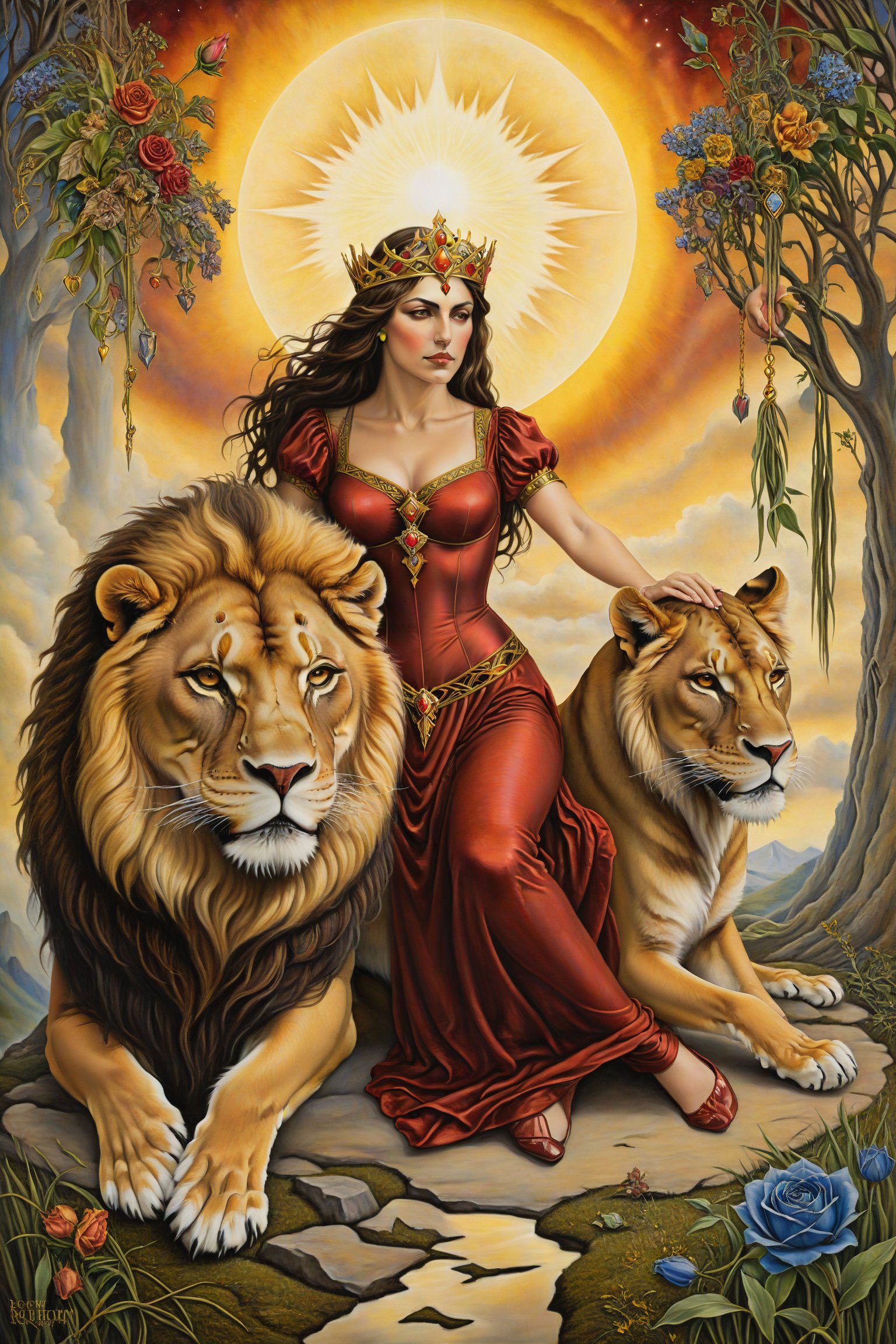 Strength card of tarot: Una mujer calmada domando a un león, simbolizando coraje, paciencia y autocontrol.,artfrahm,visionary art style