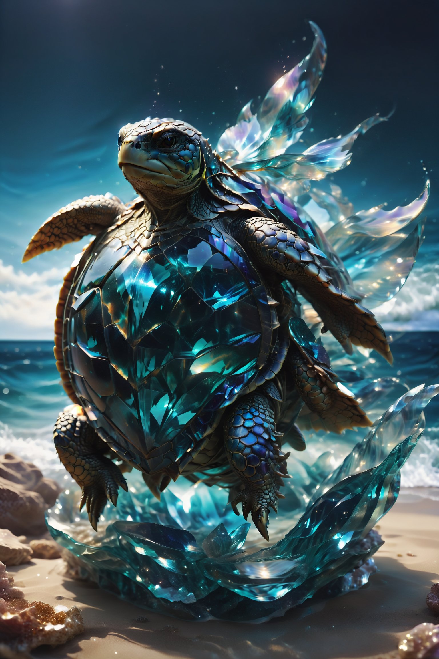 A turtle with a shell made of transparent crystal reflecting the calm waves of the sea, symbolizing longevity and serene wisdom.