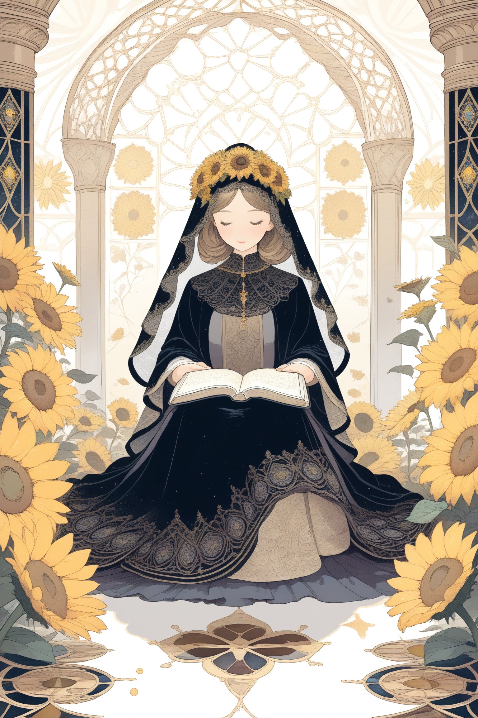A woman sitting between two columns, with a veil behind her and a holy book on her lap, reflecting wisdom and mystery., fractal art (tarot card design), botanical illustration, sunflowers, classic and elegant flourish, Lofi art style , vintage, best quality, masterpiece, extremely detailed and intricate details,