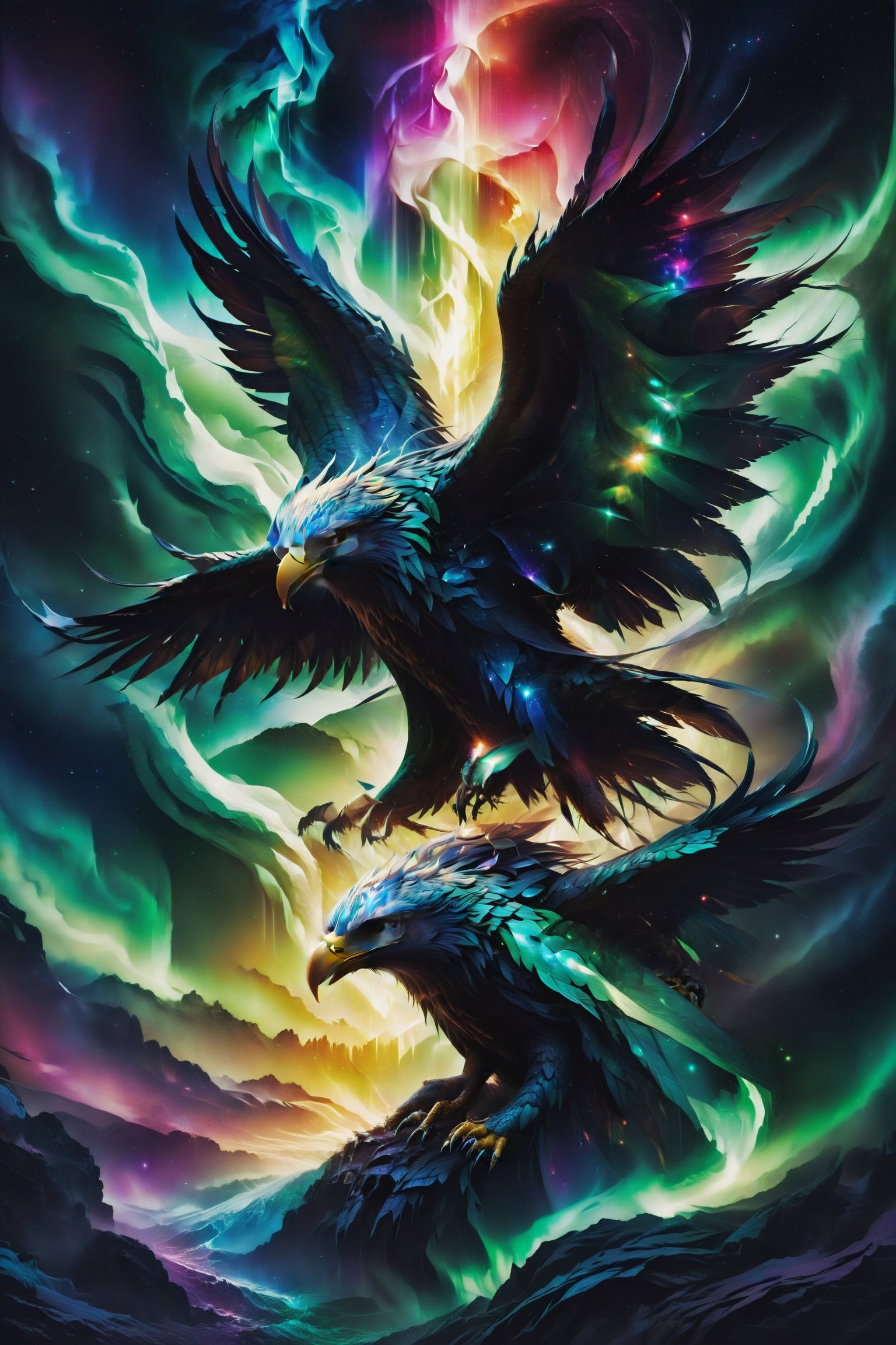 An eagle soaring under the northern lights, its piercing gaze enveloped in shifting lights, symbolizing vision and spiritual acuity.