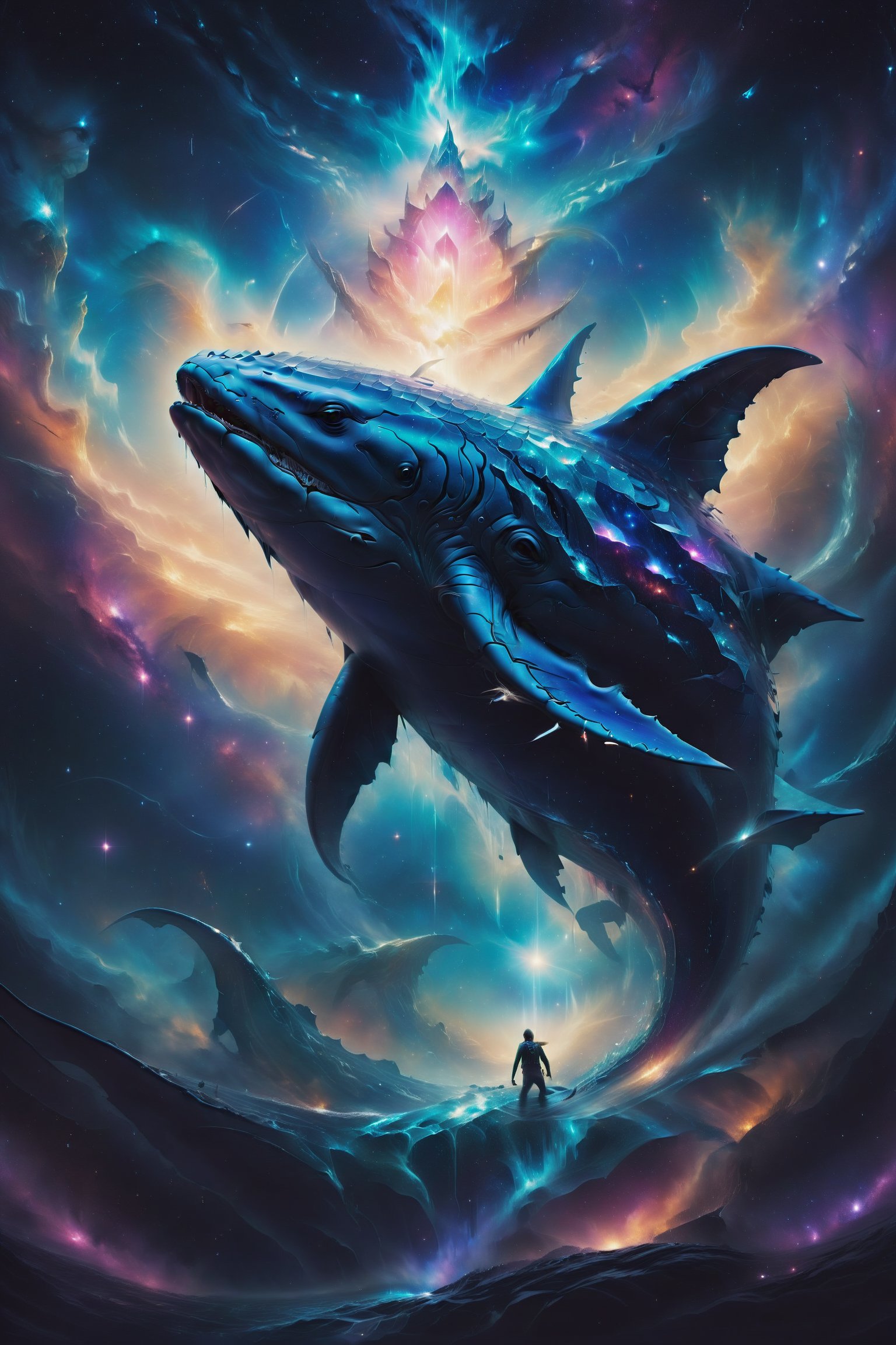 A giant whale that appears to swim among the stars, its crystalline body reflects the universe itself, conveying cosmic calm and majesty.