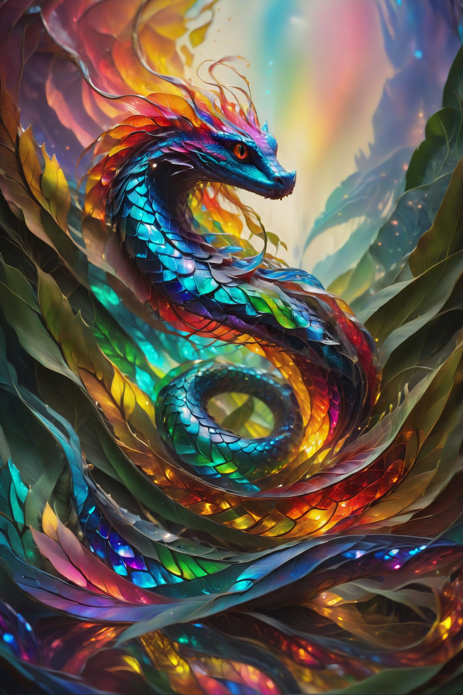 A serpent winding among glass leaves, its skin reflecting a rainbow of colors, symbolizing transformation and perpetual renewal.