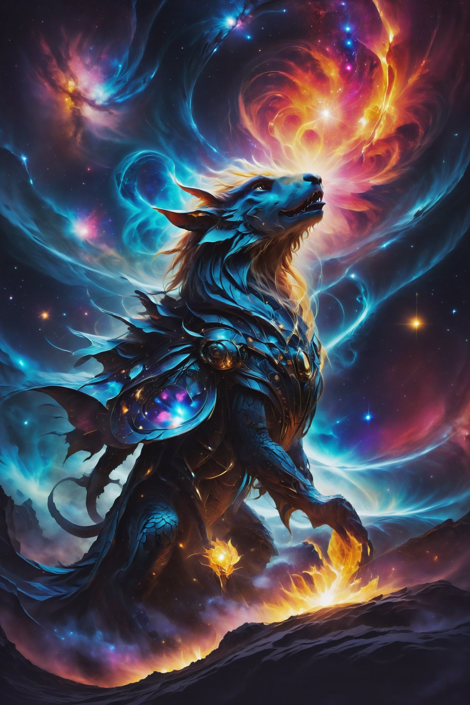 León de Luz Estelar, En la oscuridad de la noche, este león irradia destellos de luz que reflejan las constelaciones, evocando la majestuosidad del cosmos.