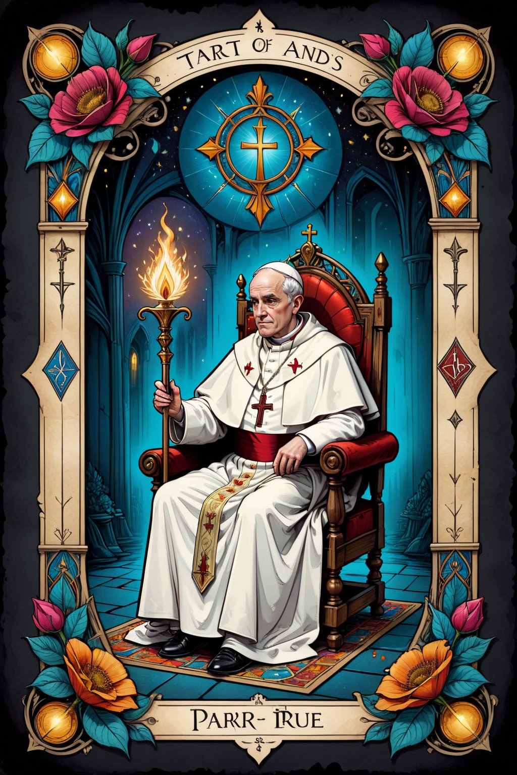 || Tarot card wit art deco frame, an ink drawing, a digital painting of the Priest - the pope, with crown and staff sitting on his throne with two monks looking up to him -, decorative flowers ||  pen and ink, liquid ink, best quality, double exposure, vintage triadic colors, realistic artstyle, stylized urban fantasy artwork, stunning digital illustration, stylized urban fantasy artwork, beautiful digital illustration, mysterious and detailed image, in the style of Craola, Dan Mumford, Andy Kehoe, 2d, flat, vintage, cracked paper art, patchwork, detailed storybook illustration, cinematic, ultra highly detailed, mystical, luminism, vibrant colors, complex background,tarot card,comic book,on parchment,aw0k straightsylum, pen and ink, liquid ink, best quality, double exposure, vintage triadic colors, (tarot card:1.2), realistic artstyle, stylized urban fantasy artwork, stunning digital illustration, stylized urban fantasy artwork, beautiful digital illustration, mysterious and detailed image, in the style of Craola, Dan Mumford, Andy Kehoe, 2d, flat, vintage, cracked paper art, patchwork, detailed storybook illustration, cinematic, ultra highly detailed, mystical, luminism, vibrant colors, complex background,tarot card,comic book,on parchment