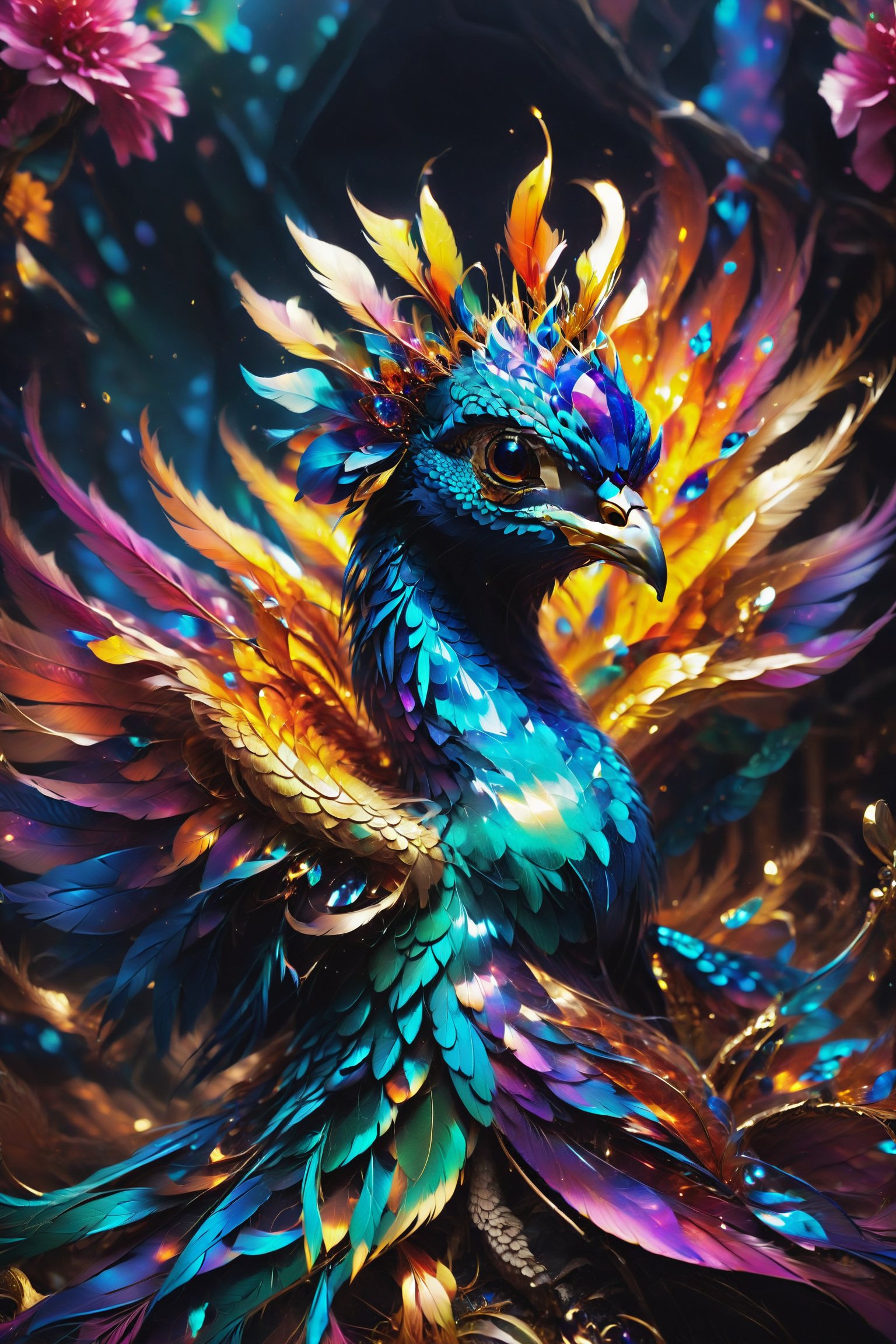 A peacock whose feathers reflect a prism of colors as it moves, symbolizing lush beauty and vanity transformed into grace.