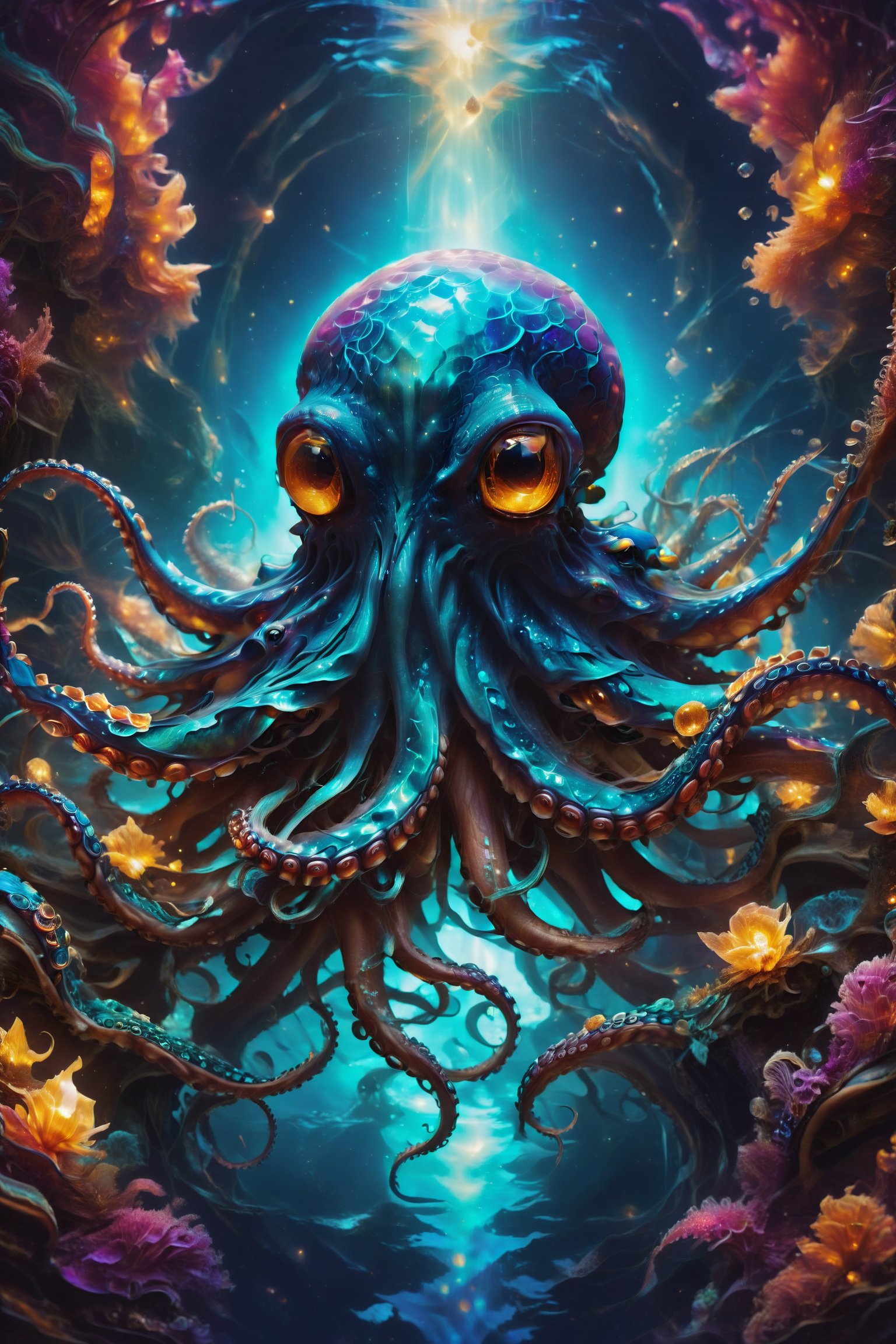 An octopus with tentacles covered in mirrors reflecting the hues of the deep ocean, evoking mystery and fascination.