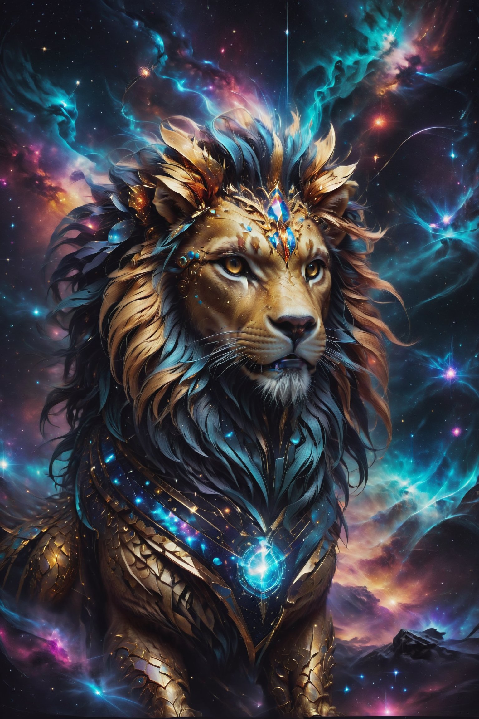 In the darkness of the night, this lion radiates flashes of light that reflect the constellations, evoking the majesty of the cosmos.,Decora_SWstyle,F41Arm0rXL 