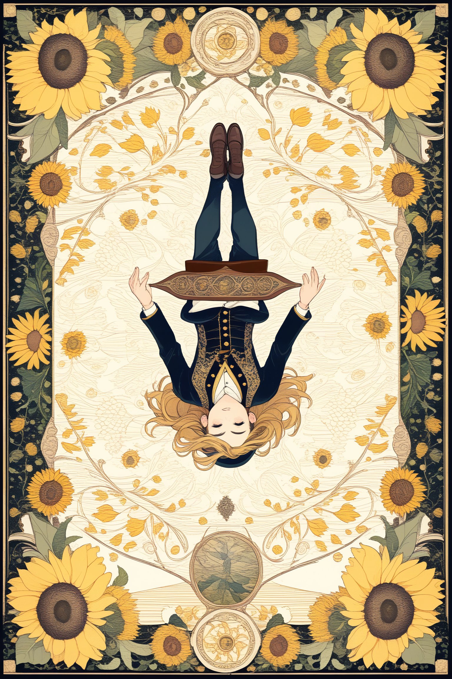 A man hanging upside down from a tree, with a calm expression, symbolizing sacrifice and change of perspective, fractal art (tarot card design), botanical illustration, sunflowers, classic and elegant flourish, Lofi artistic style, vintage,  best quality, masterpiece, extremely detailed and intricate details, fractal art (tarot card design), botanical illustration, sunflowers, classic and elegant flourish, Lofi artistic style, vintage, best quality, masterpiece, extremely detailed and intricate details, fractal art (tarot card design), botanical illustration, sunflowers, classic and elegant flourish, Lofi artistic style, vintage,  best quality, masterpiece, extremely detailed and intricate details