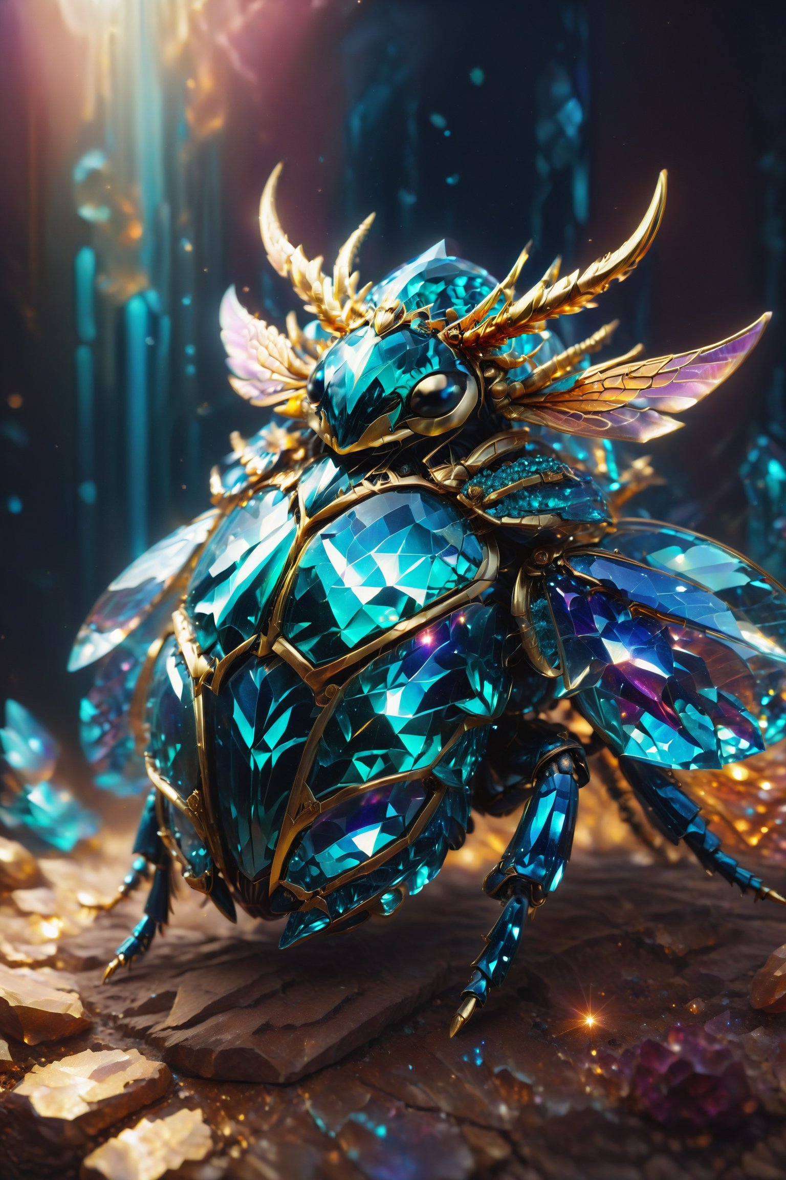 A beetle with armor made of crystals that shine with their own light, symbolizing strength and resilience.