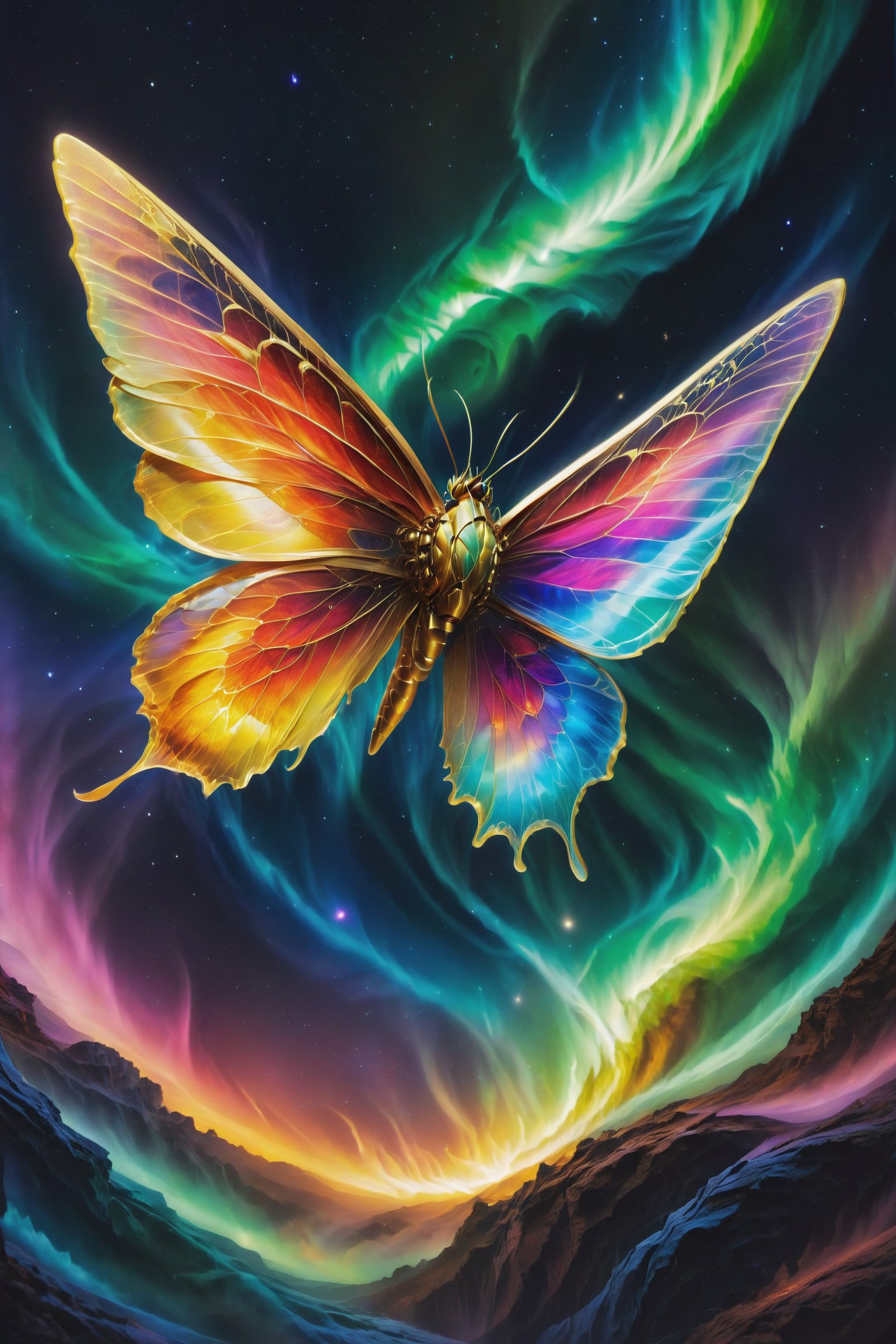 Mariposa Espectral de Aurora, Durante el amanecer, esta mariposa emite colores cambiantes que danzan como auroras boreales, llenando el aire con una sensación de maravilla y belleza efímera.