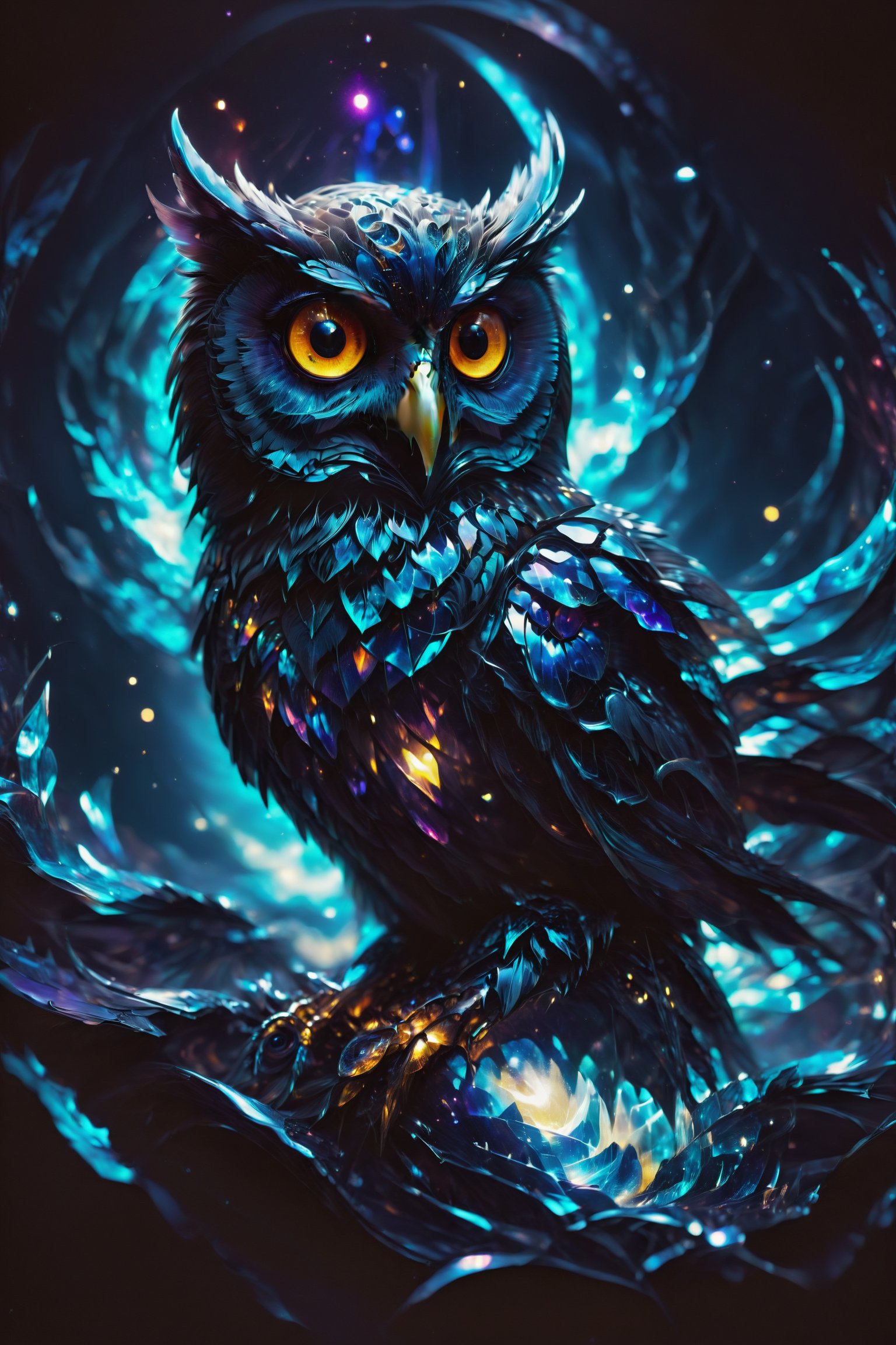 An owl with eyes made of glass that captures moonlight, emanating wisdom and mystery in the darkness.